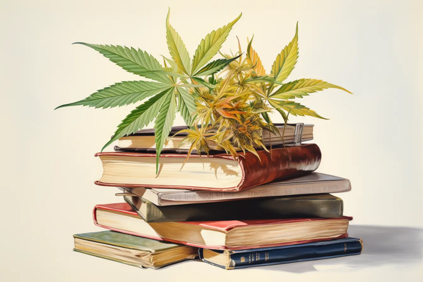 Ein Bücherstapel, der mit Cannabisblättern verziert ist